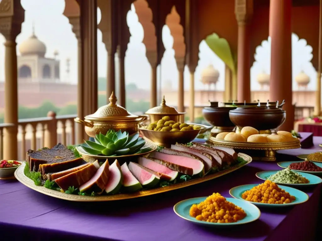 Exquisita mesa real Mughal con recetas históricas carne caza, rodeada de arquitectura opulenta