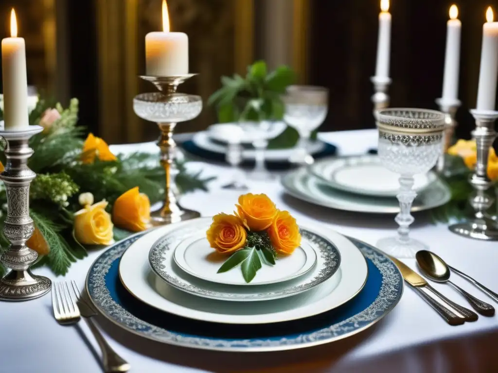 Exquisita mesa real del siglo XVII con cubiertos de plata, vajilla de porcelana y copas de cristal, rodeada de flores y velas