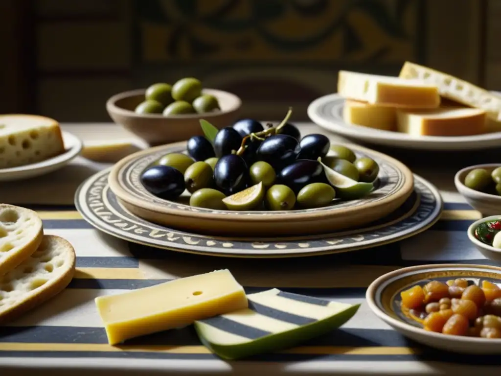 Una exquisita mesa romana con aperitivos clásicos como aceitunas, higos, quesos y pan, detallados en un mosaico antiguo