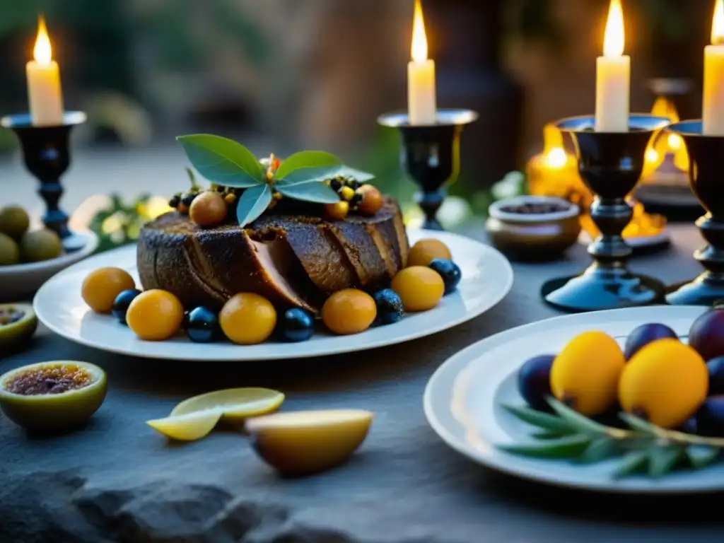 Exquisita mesa romana con platos históricos gastronomía romana en banquete opulento