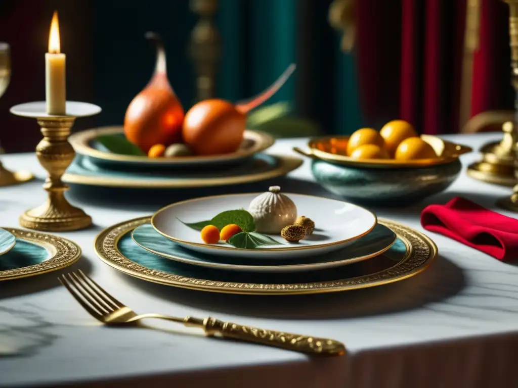 Exquisita mesa romana con vajilla de plata y platos de animales exóticos, reflejando la opulencia de la Dieta Élite Romana