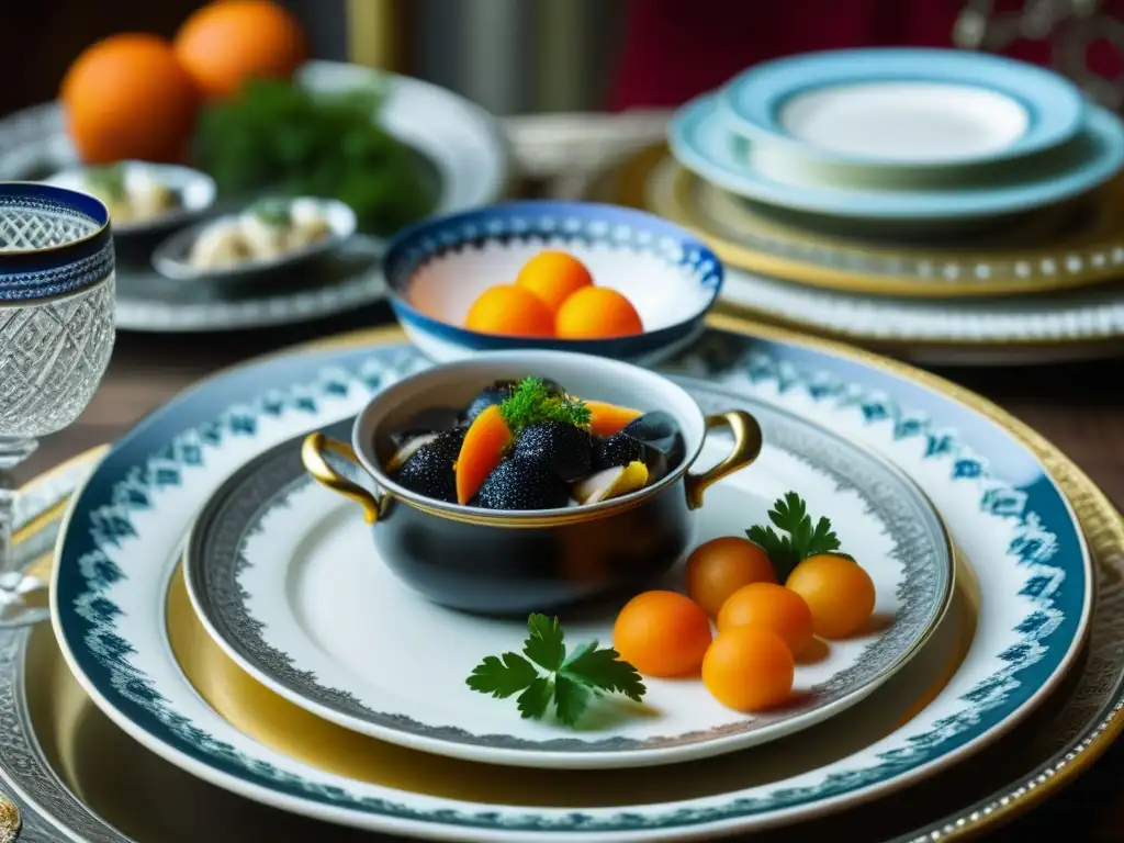 Exquisita mesa rusa para Cuaresma con recetas históricas de pescado en platos de plata y porcelana