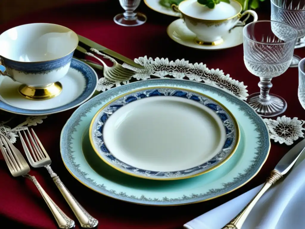 Exquisita mesa victoriana con vajilla de plata, porcelana ornamental y cristalería fina, evocando la relevancia cultural de recetas históricas