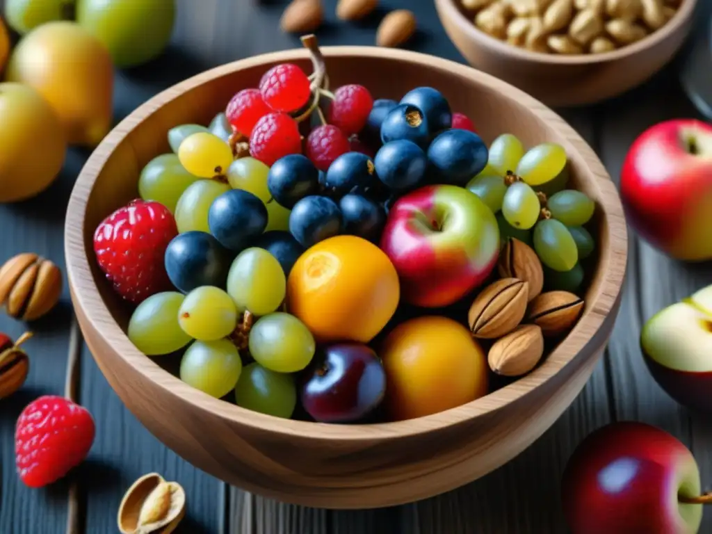 Delicias de frutas y frutos secos: la dieta vikinga en detalle Una exquisita mezcla de frutas y nueces en un bol de madera, evocando la esencia de la dieta vikinga frutas nueces historia