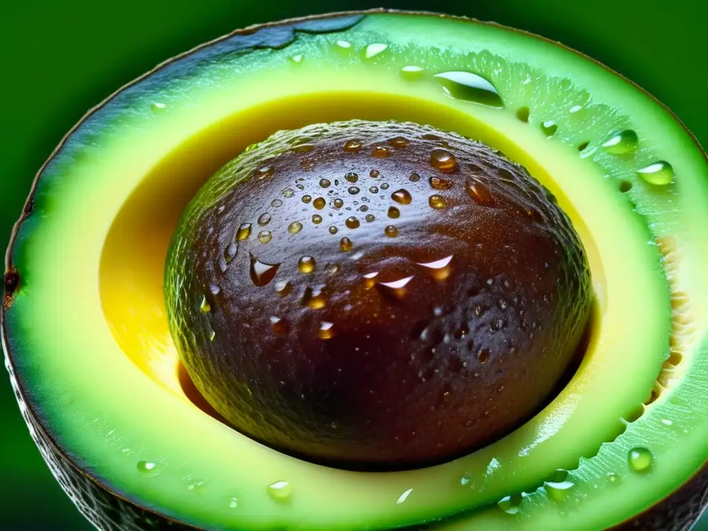 Una exquisita mitad de aguacate maduro, con su color verde vibrante y textura cremosa, listo para recetas con superalimentos precolombinos modernos