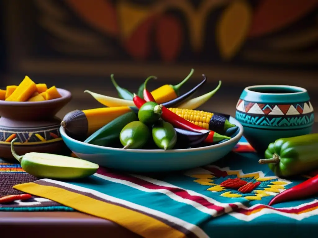 Una exquisita muestra de la alimentación en ceremonias aztecas con una variedad vibrante de alimentos tradicionales en una mesa ceremonial