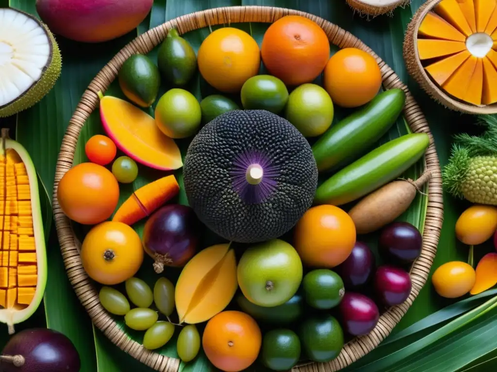 Una exquisita muestra de la dieta tradicional Micronesia detallada en frutas y verduras vibrantes y coloridas