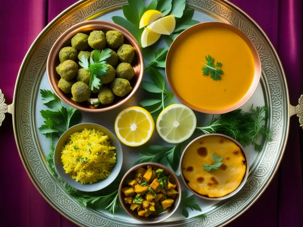 Una exquisita muestra de la dieta vegetariana cocina Mughal: platos coloridos y delicados con hierbas frescas y especias