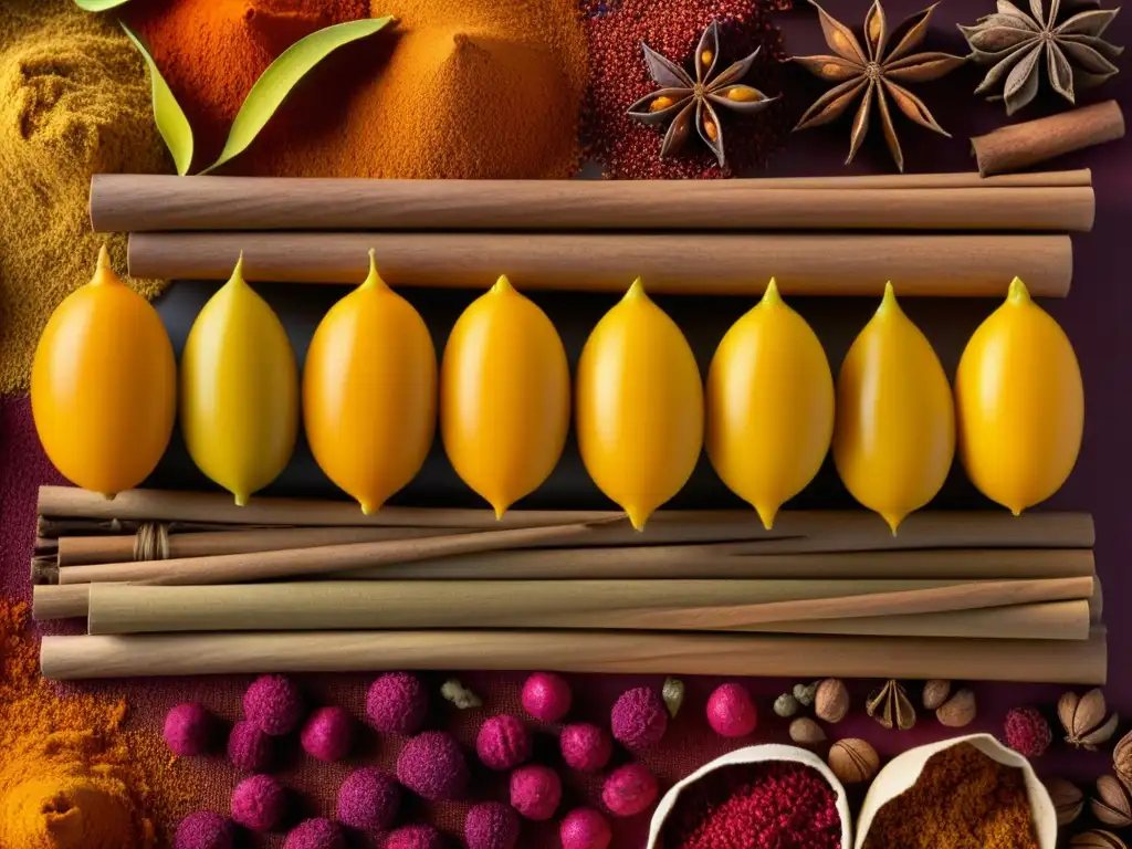 Una exquisita muestra de especias en la cocina medieval, resaltando su colorido y texturas en un mercado tradicional