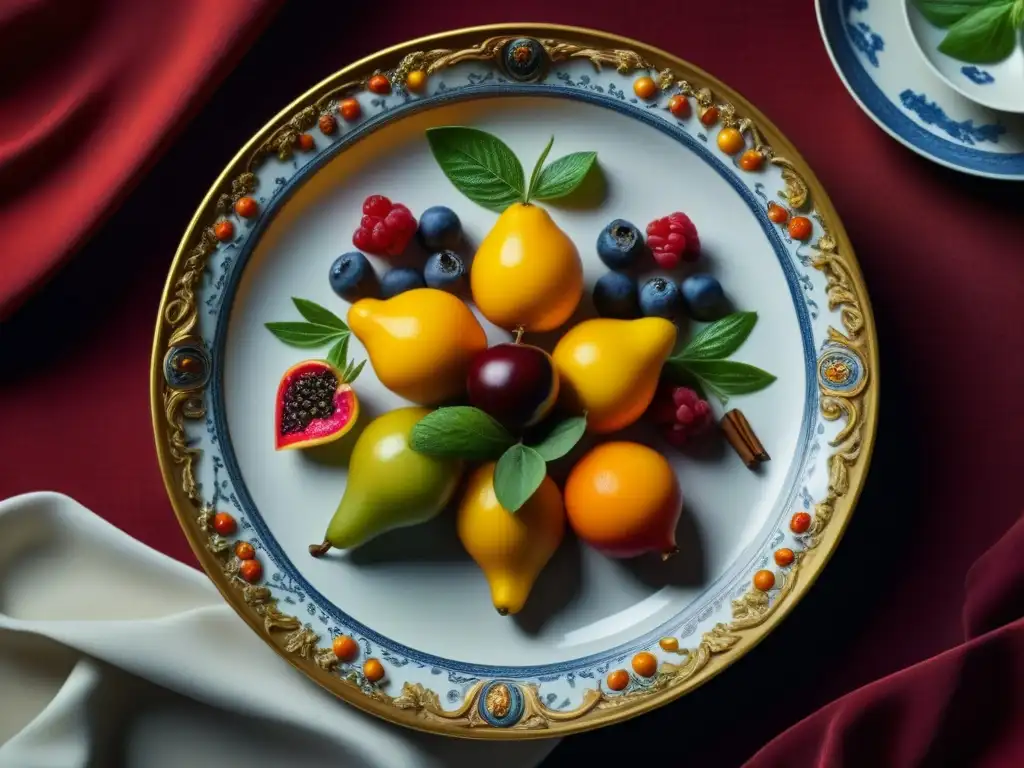 Una exquisita muestra de gastronomía renacimiento italiano: una obra de arte culinaria con frutas, especias y hierbas en un plato de porcelana antiguo