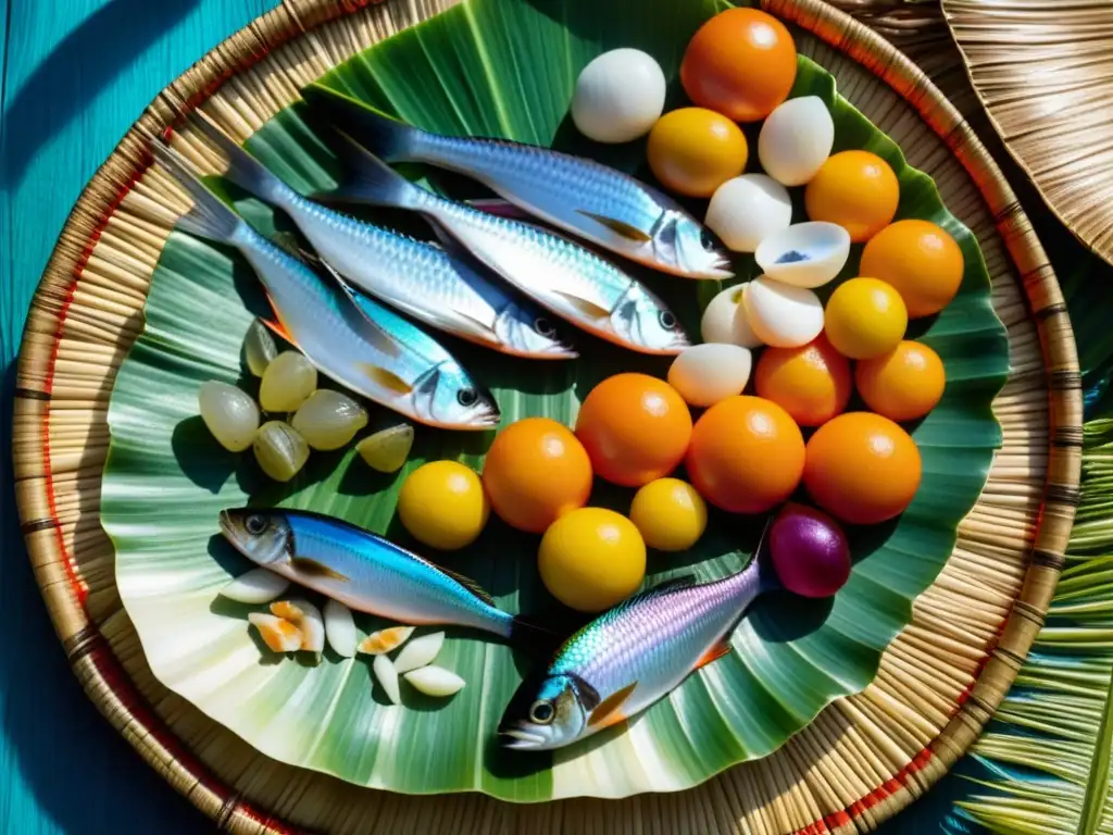 Delicias marinas africanas: una explosión de color y texturas Una exquisita muestra de la rica y variada dieta precolonial africana: pescados y mariscos frescos en una presentación artística