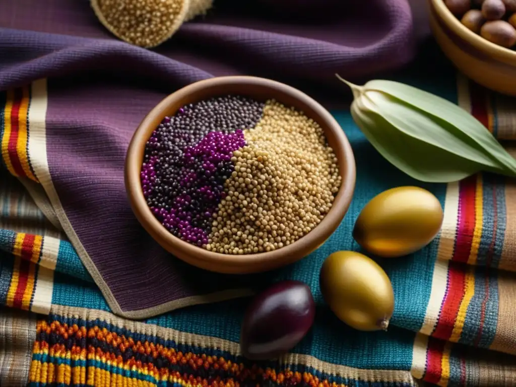 Una exquisita muestra de superalimentos incas vibrantes y coloridos sobre textil tradicional, resaltando la nutrición en la dieta inca