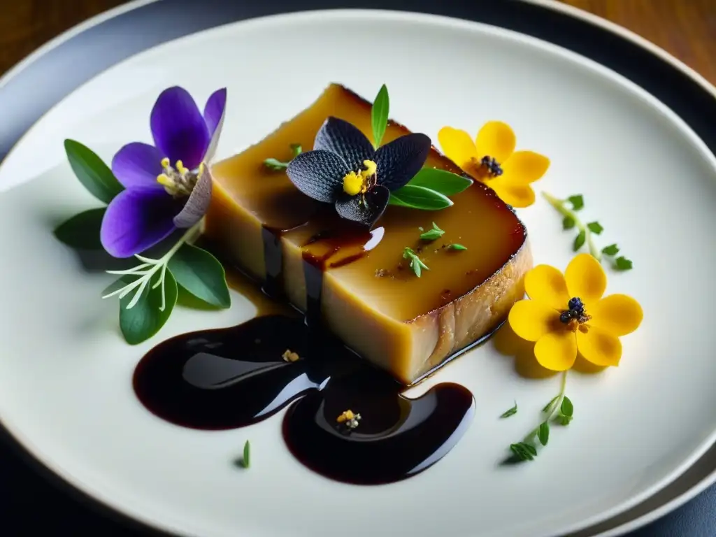 Una exquisita obra de arte culinaria: foie gras adornado con flores comestibles, hierbas y reducción balsámica