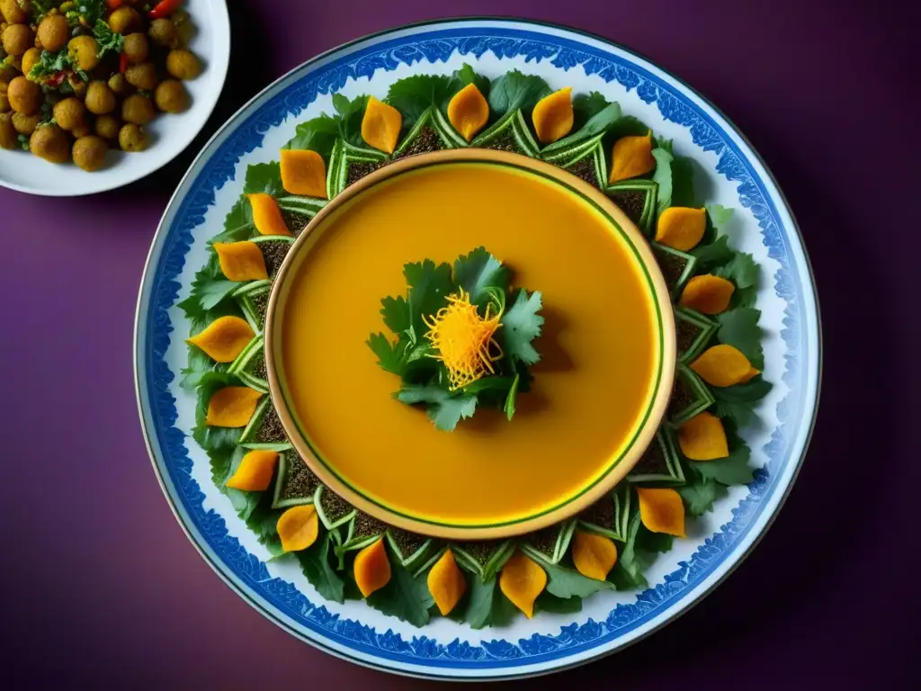 Una exquisita obra de arte culinaria vegetariana Mughal, con vibrantes colores y detallados ingredientes