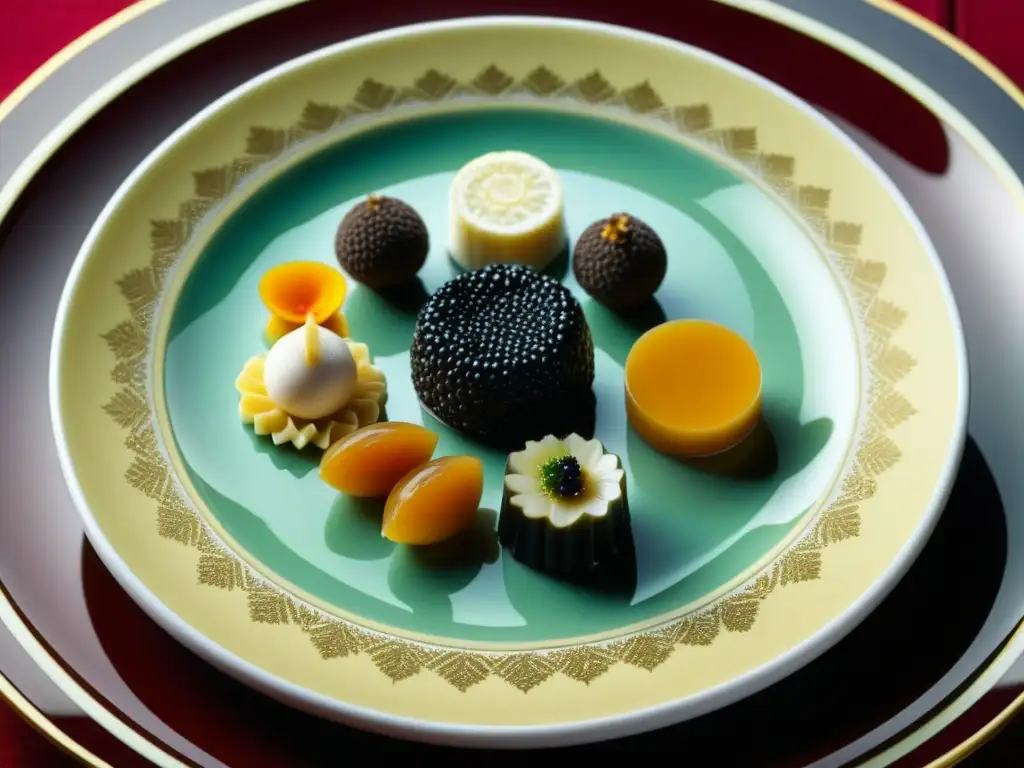 Una exquisita obra de arte culinaria de alta cocina francesa, con trufas, foie gras y caviar, servida en fina vajilla y decorada con elegancia