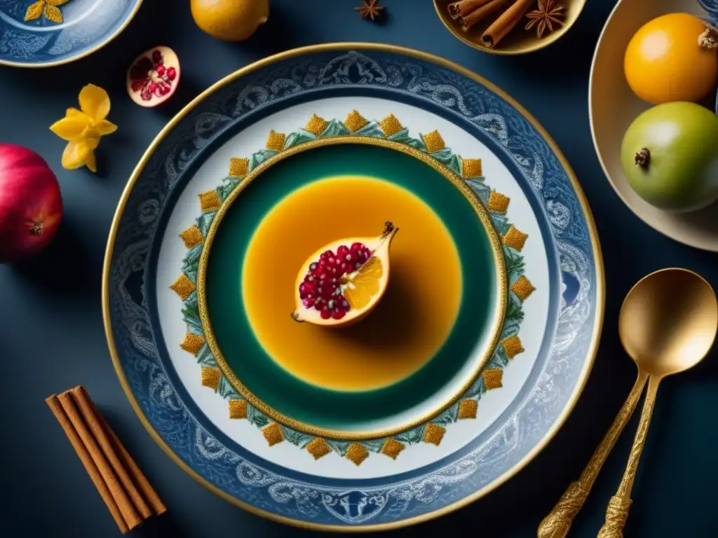 Una exquisita obra de arte: un plato de porcelana de la Edad de Oro con frutas y especias exóticas, evocando recetas históricas de épocas pasadas