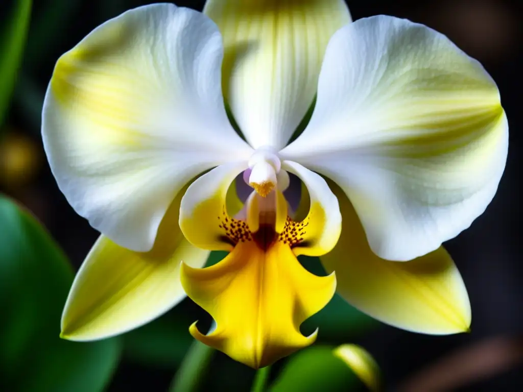 Una exquisita orquídea de vainilla en plena floración, mostrando su belleza y fragilidad, evocando la historia, origen y cultura de esta planta