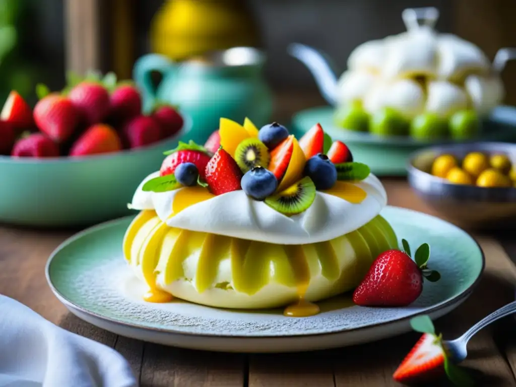 Una exquisita pavlova australiana con frutas frescas, en una cocina rústica con arte indígena