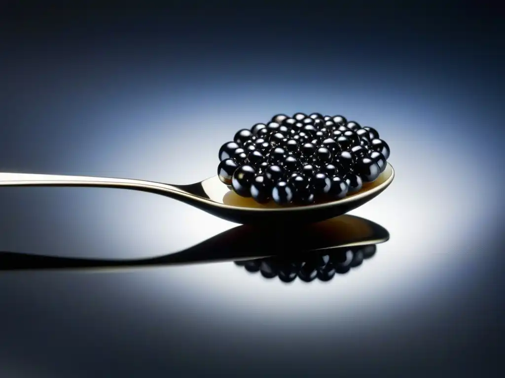 Exquisita perla de caviar negro sobre cuchara de nácar, reflejando lujo y exclusividad