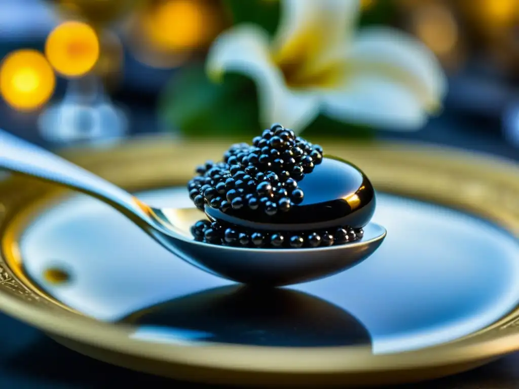 Exquisita perla de caviar negro en cuchara de nácar, en palacio ruso