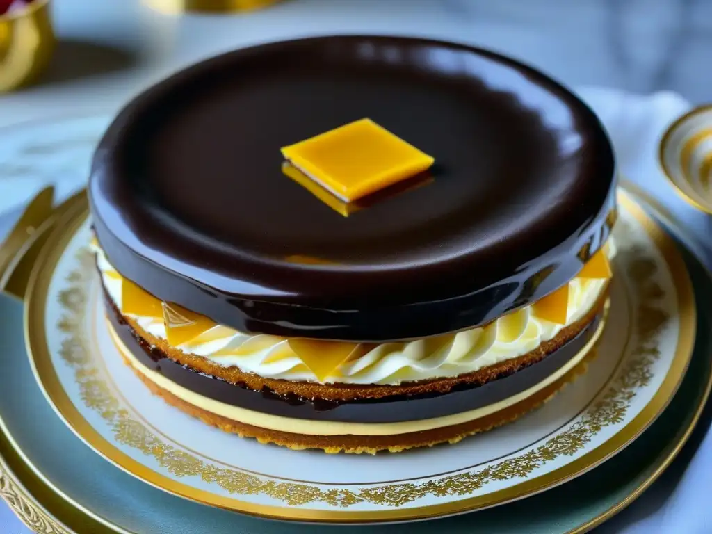 Una exquisita Sacher Torte vienesa en un plato de porcelana vintage, reflejando la luz de una vela