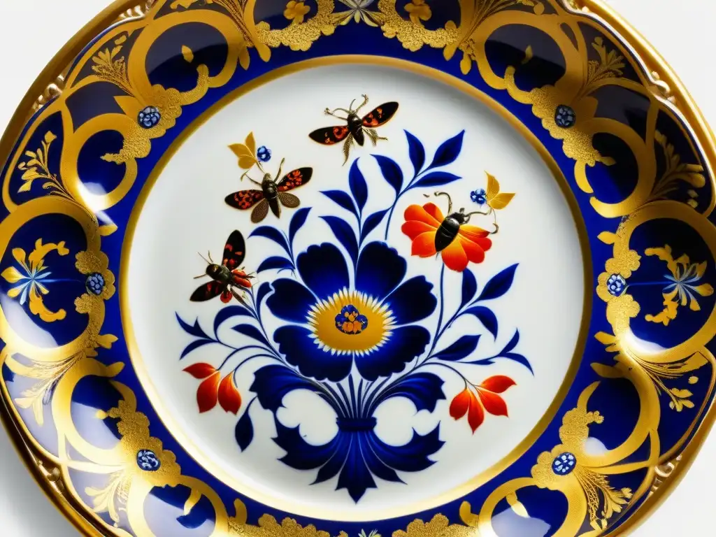 Una exquisita porcelana europea del siglo XVIII, con diseños florales pintados a mano en tonos vibrantes de azul cobalto, oro y carmesí