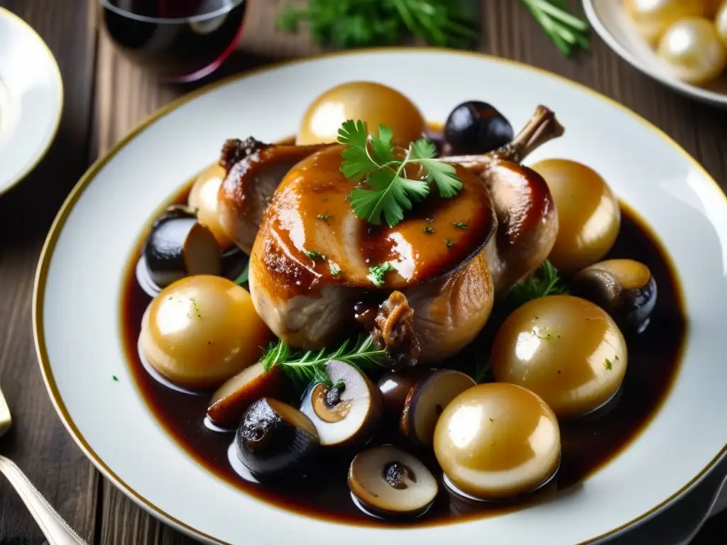 Una exquisita presentación de Coq au Vin en plato de porcelana francés vintage, resaltando la sofisticación de la gastronomía francesa siglo XVII