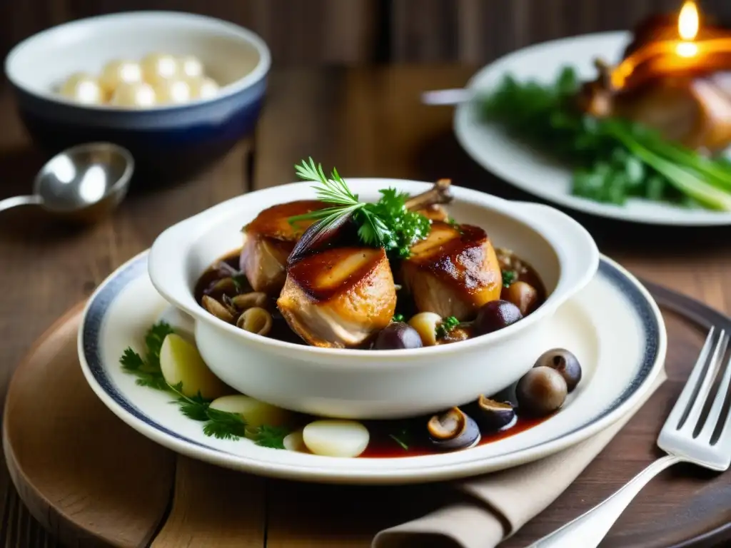 Una exquisita presentación de Coq au Vin en porcelana francesa antigua