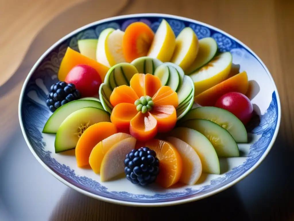 Exquisita presentación de frutas y verduras en cuenco de porcelana, recetas históricas corte imperial Edo