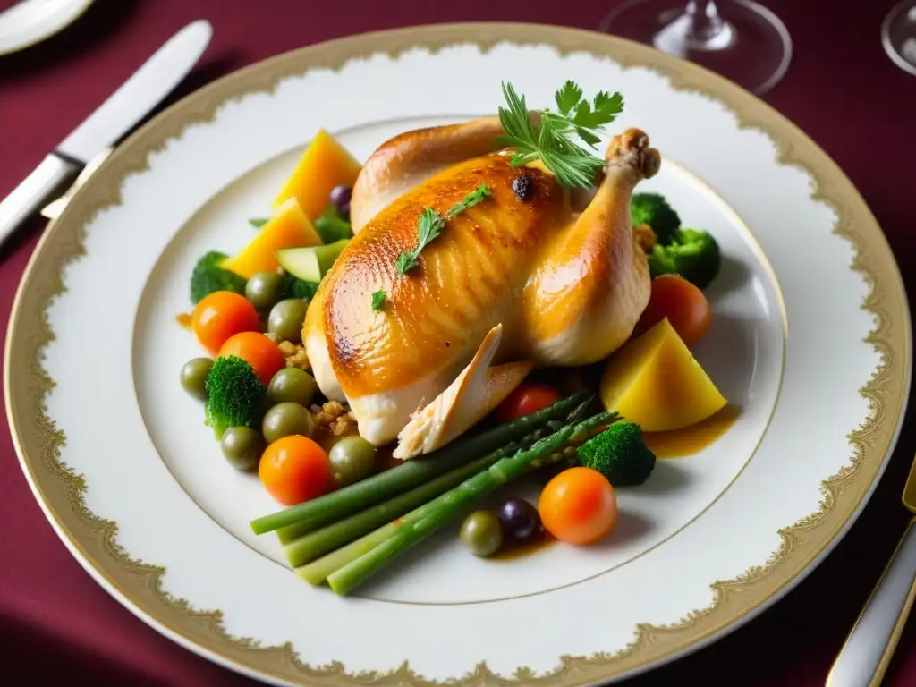 Una exquisita presentación de Poulet à la Marengo en la opulenta cocina de corte en Versalles, deslumbrando con su elegancia culinaria