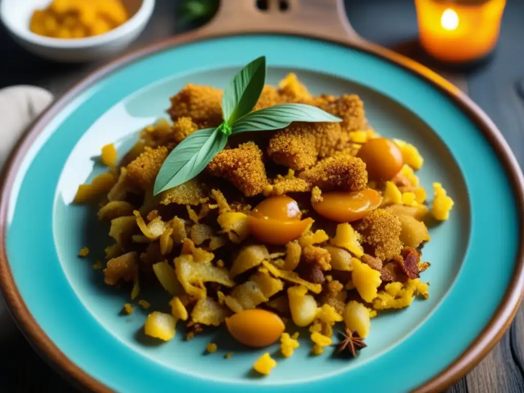 Una exquisita presentación de Migas de Poder en el Renacimiento, con detalles dorados y hierbas frescas en una plato rústico