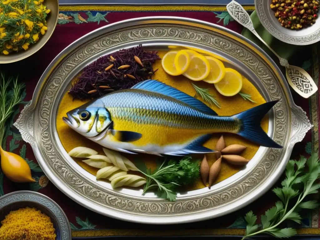 Una exquisita presentación de platos de pescado en la cocina persa, sobre un plato de plata ornamentado y rodeado de especias tradicionales