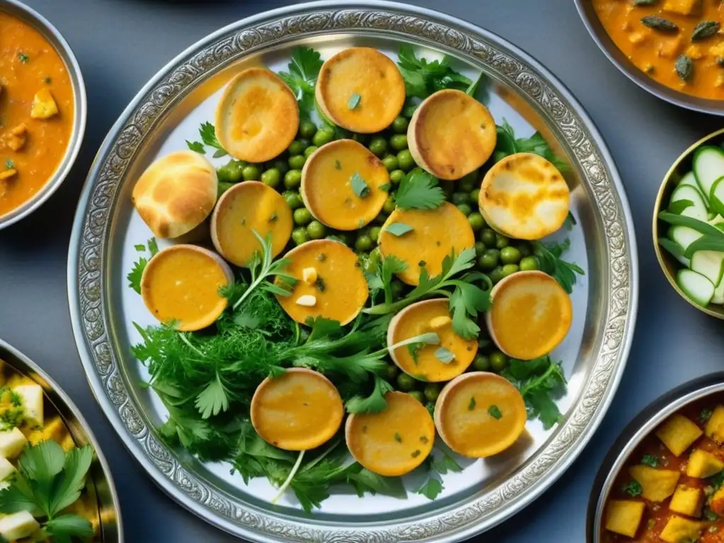 Una exquisita presentación de platos vegetarianos Mughal en un elegante plato de plata