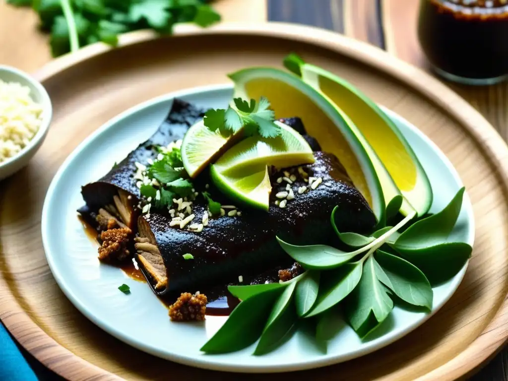 Una exquisita presentación de mole poblano resaltando sus capas y colores