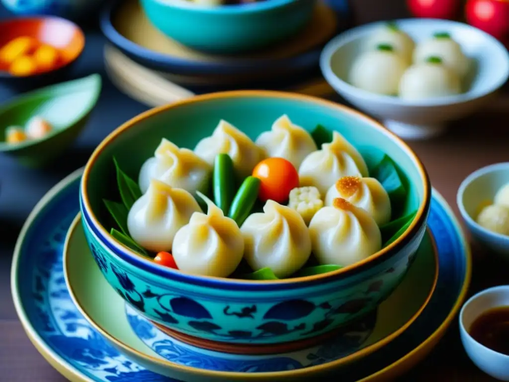 Exquisita vajilla Ming con manjares históricos en detalle Exquisita presentación de recetas históricas dinastía Ming gastronomía en un tazón de cerámica detallado