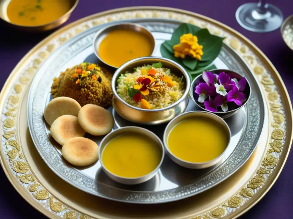 Exquisita presentación de un thali indio con biryani, kheer y paneer tikka, destacando la opulencia de la comida real historia India