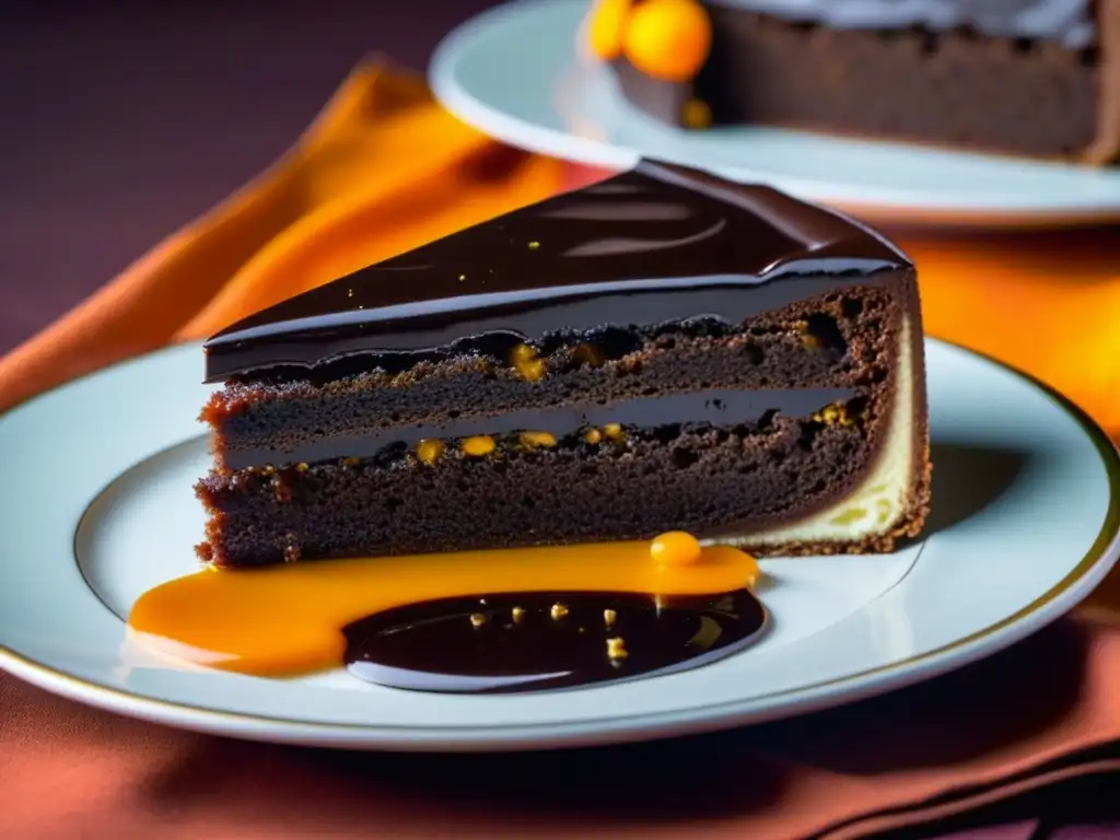 Una exquisita rebanada de Sacher Torte, con capas de bizcocho de chocolate, mermelada de albaricoque y glaseado brillante, decorada con láminas de oro