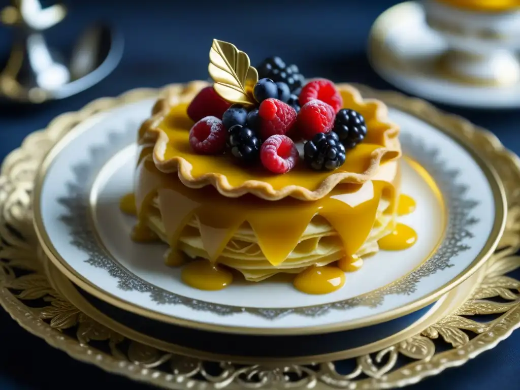 Una exquisita receta histórica barroco francés: detallado postre de hojaldre, crema, frutas y oro en plato de plata rodeado de vajilla vintage