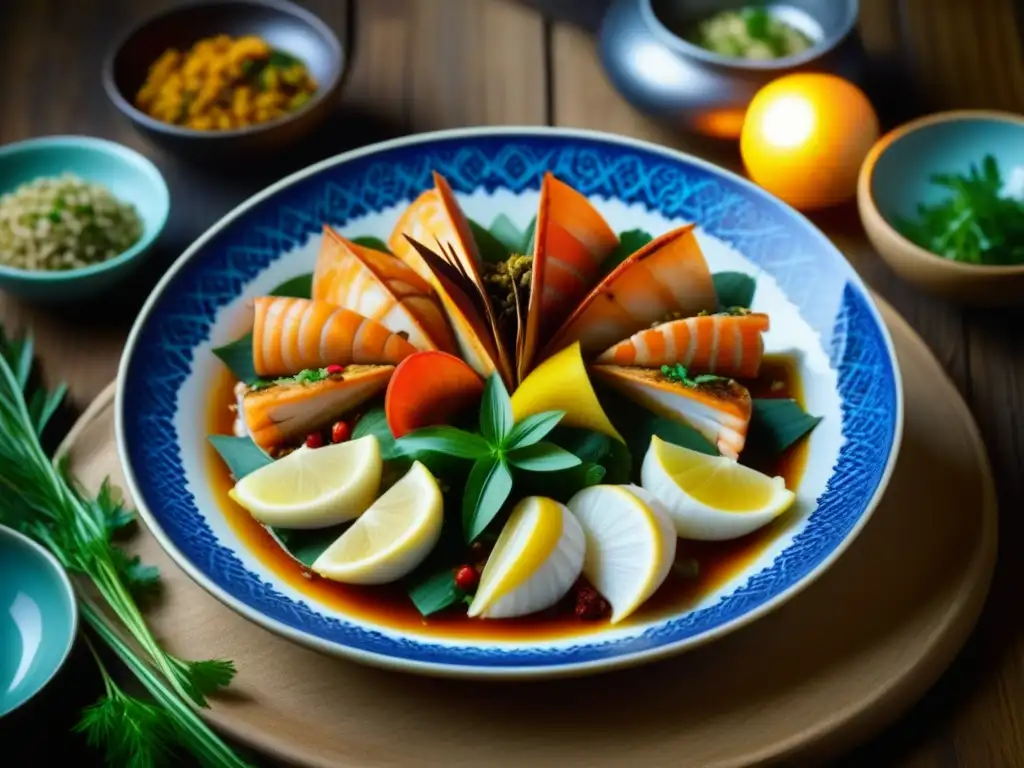 Exquisita receta histórica de pescados y mariscos de la Ruta de la Seda, colores vibrantes y texturas intrincadas en plato rústico