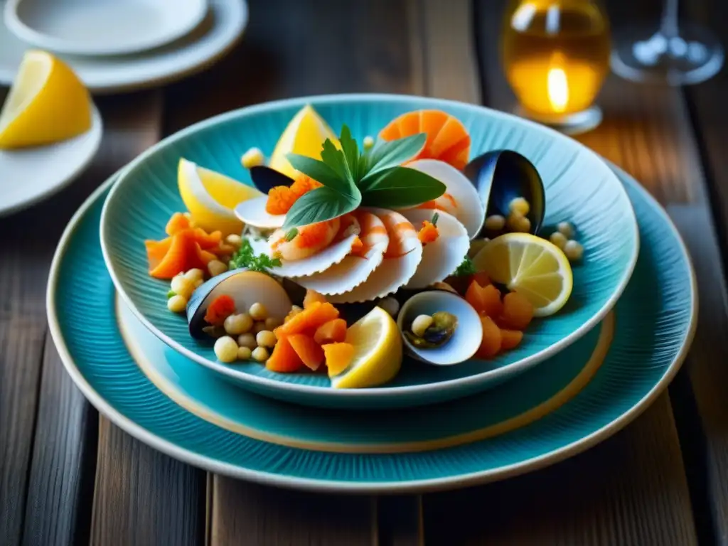 Exquisita receta histórica de pescados y mariscos en plato barroco junto al mar