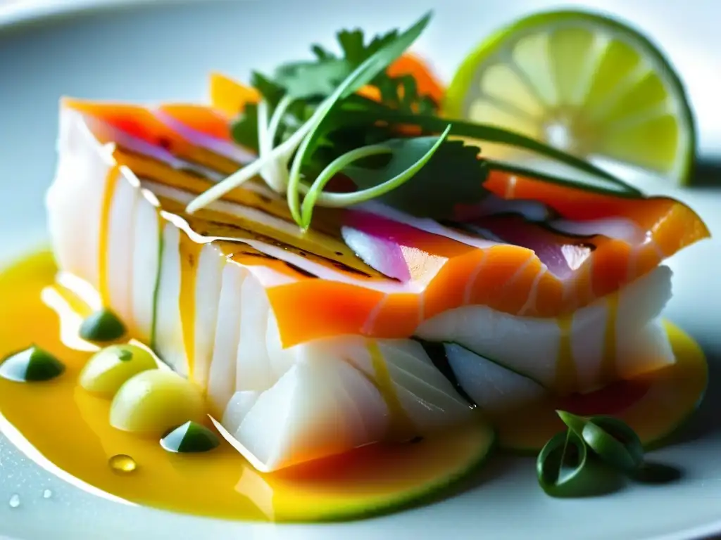 Delicado ceviche peruano nikkei: Sabores y colores vibrantes Una exquisita representación detallada de ceviche peruano estilo Nikkei, fusionando influencias culinarias japonesas en recetas peruanas