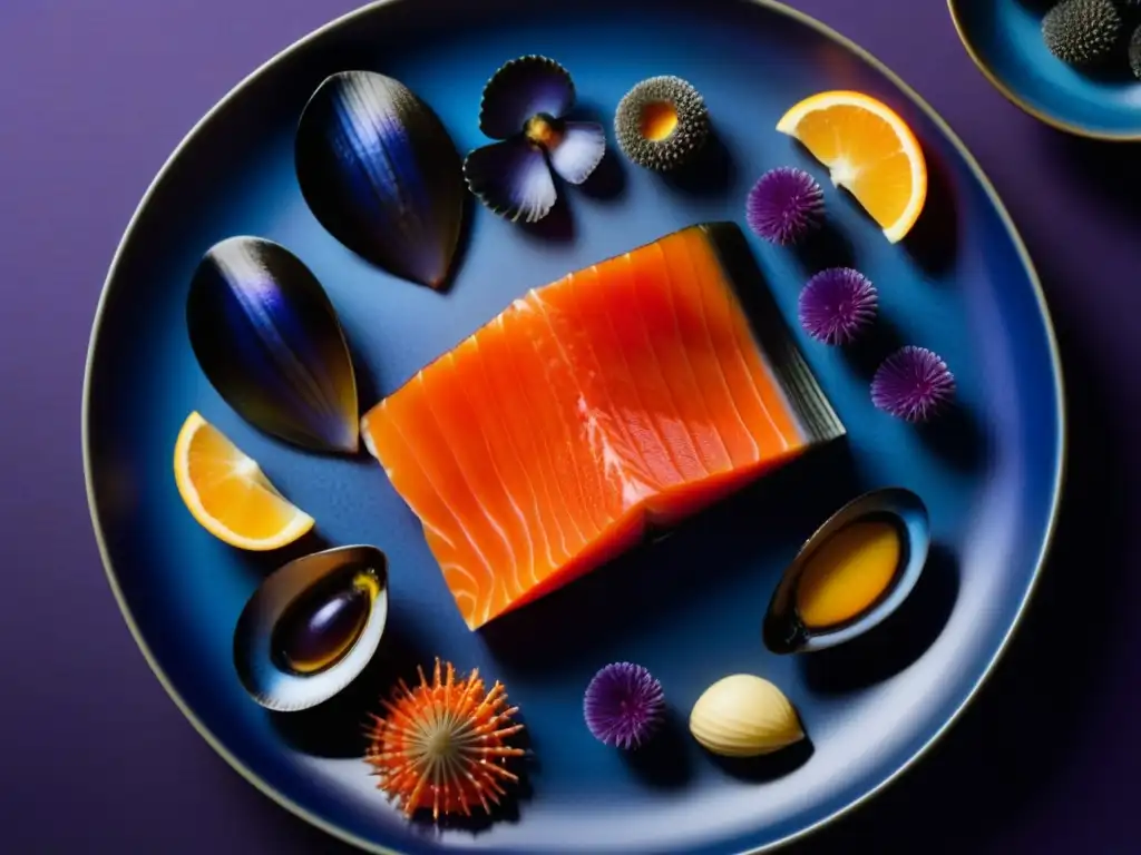 Una exquisita selección de alimentos marinos antioxidantes culinarios: salmón rojo, mejillones azules, algas moradas y erizos de mar naranjas