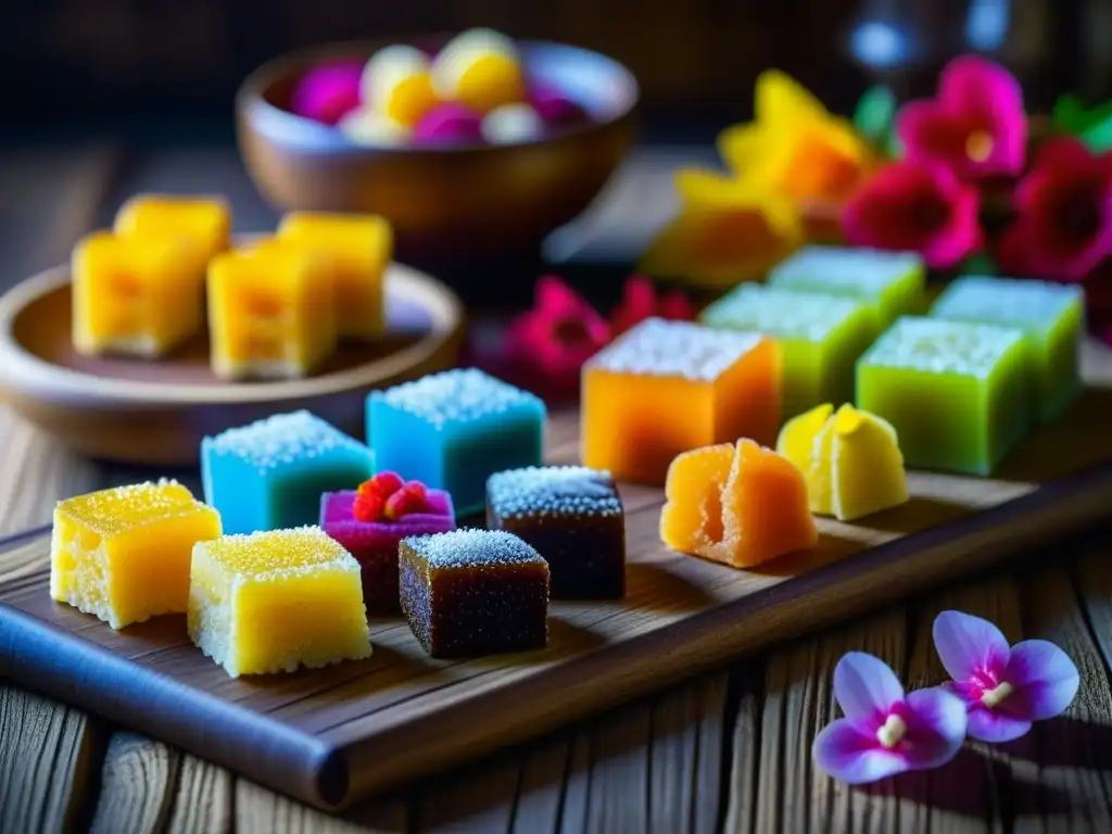 Una exquisita selección de dulces tradicionales de diversas culturas, con detalles vibrantes y texturas delicadas