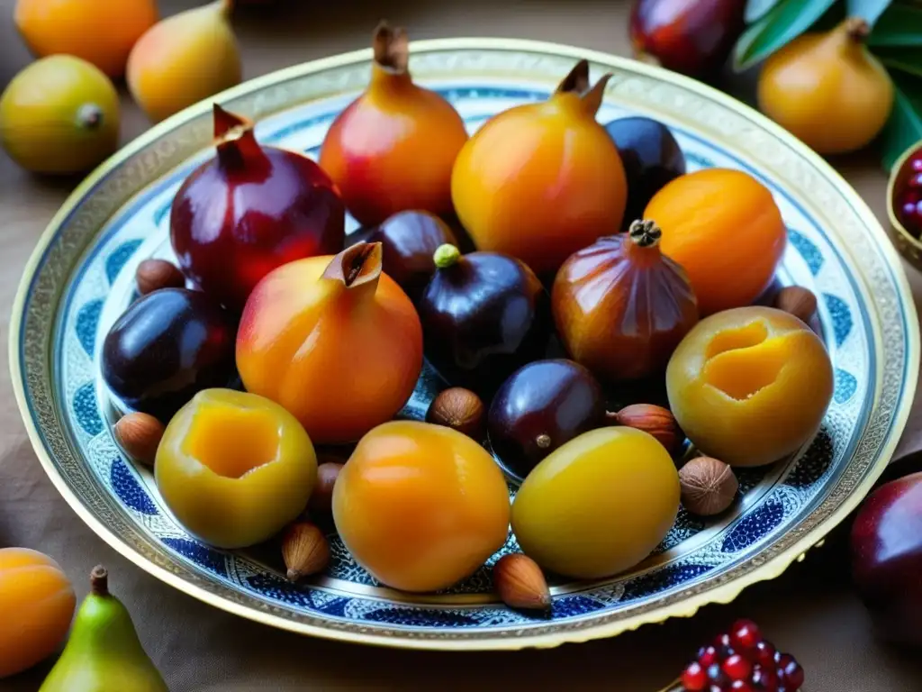 Exquisita selección de frutas exóticas en bandeja Abásida, reflejando lujo y tradición culinaria