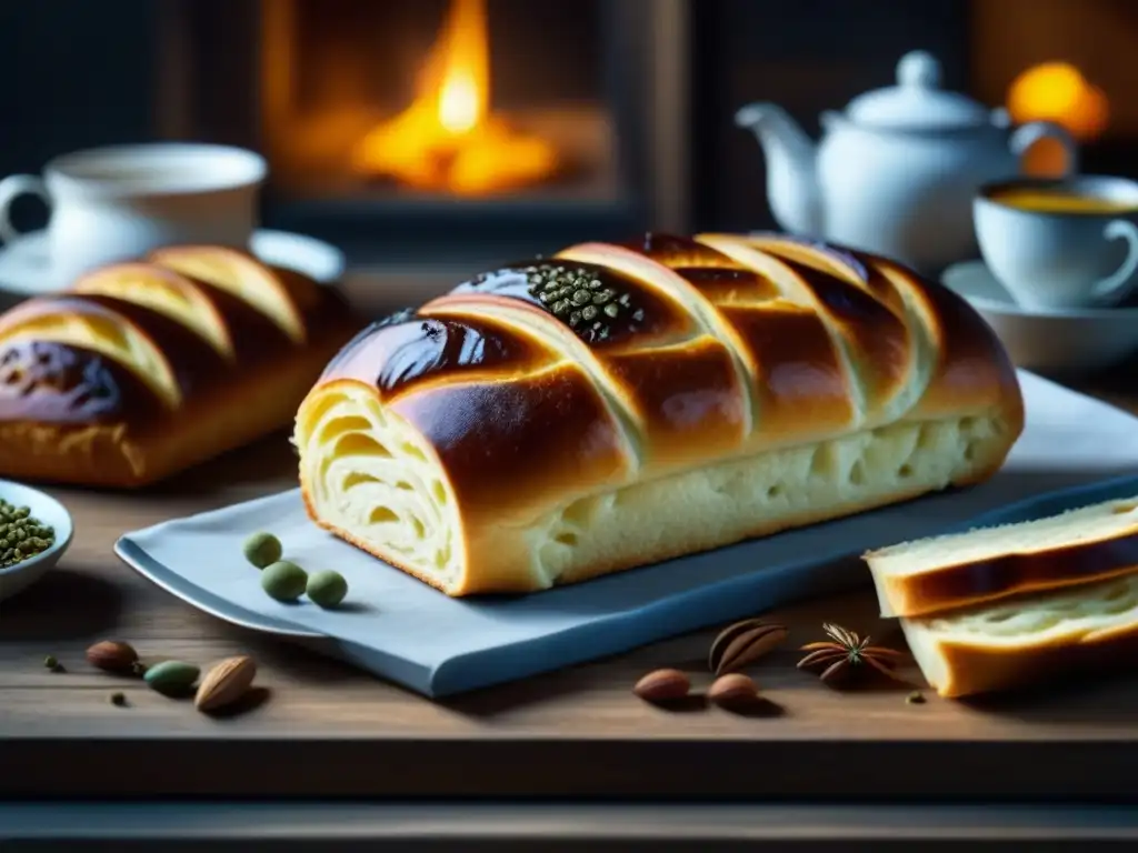 Una exquisita selección de panadería escandinava influenciada por el clima, presentada con detalle en una mesa rústica de madera