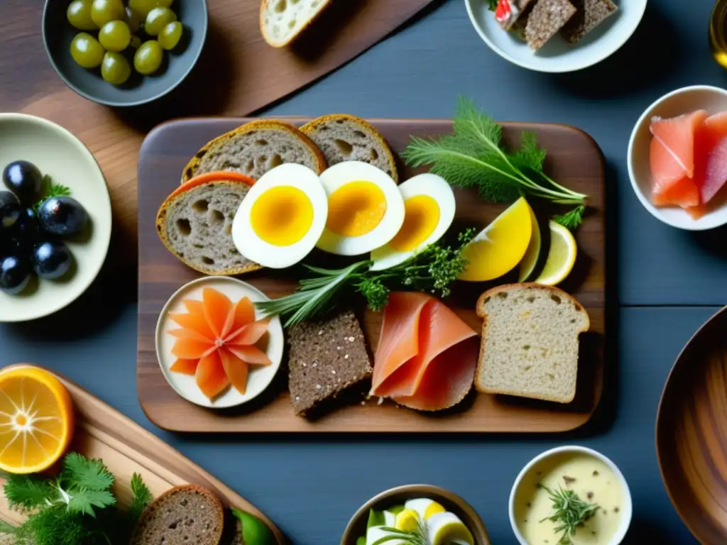 Una exquisita selección de recetas históricas culturas épocas Copenhague, en un Smørrebrød danés detallado sobre una mesa rústica de madera