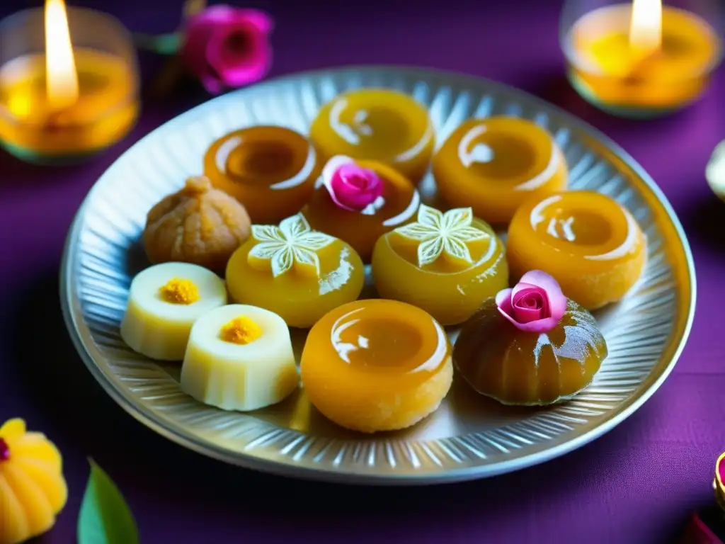 Delicias de Diwali: Mithai y Jalebi en detalle Una exquisita selección de Recetas históricas Diwali sabores: mithai decorado, jalebi dorado y laddoos de azafrán