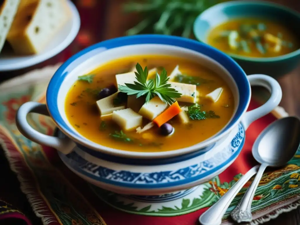 Una exquisita sopa bizantina con hierbas y especias, sobre mantel antiguo