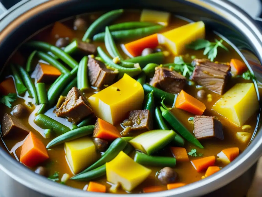 Una exquisita sopa burbujeante en olla lenta, con ingredientes históricos y colores vibrantes