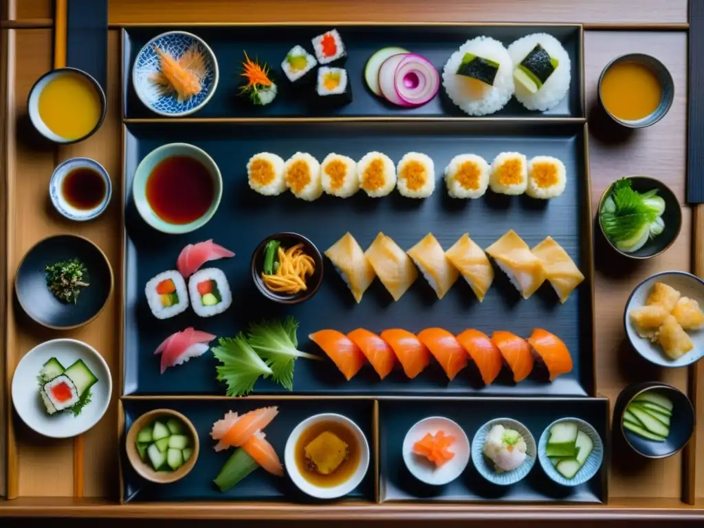 Exquisita alimentación sostenible en Japón medieval con sushi, tempura y más en mesa de madera